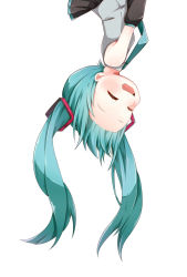 Rule 34 | 1girl, ^ ^, aqua eyes, aqua hair, bare shoulders, blush, closed eyes, detached sleeves, eshe mr, hair ornament, hatsune miku, highres, long hair, open mouth, shirt, skirt, smile, solo, twintails, upper body, upside-down, vocaloid, white background