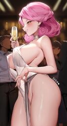 Rule 34 | 1girl, alcohol, artist name, black jacket, black pants, blurry, blurry background, blush, breasts, champagne, choker, clothes lift, cocktail dress, commentary, cup, dress, dress lift, drinking glass, earrings, eden (shiroki yuutsu), english commentary, fingernails, flower-shaped hair, from side, groin, heart, heart earrings, holding, holding cup, huge breasts, jacket, jewelry, lifting own clothes, medium hair, multiple boys, no panties, o-ring, o-ring choker, original, pants, pink hair, pink lips, see-through silhouette, shirt, sideboob, smile, solo focus, standing, thighs, vanilla (eden (shiroki yuutsu)), white choker, white dress, white shirt, yellow eyes