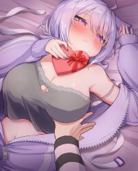 Rule 34 | 1boy, 1girl, absurdres, ahoge, arm up, averting eyes, bed sheet, blush, breasts, camisole, candy, chocolate, chocolate heart, cleavage, cleavage cutout, closed mouth, clothing cutout, commentary request, dutch angle, food, full-face blush, grabbing, grabbing another&#039;s breast, grey camisole, hair between eyes, hand up, heart, highres, holding, holding chocolate, holding food, hololive, jacket, large breasts, long sleeves, looking to the side, lying, medium hair, navel, nekomata okayu, nekomata okayu (membership), on back, on bed, partially unzipped, pov, pov hands, prison clothes, puffy sleeves, purple eyes, purple hair, purple jacket, purple nails, red ribbon, ribbon, sleeves past wrists, slit pupils, strap slip, tkc (user snjd8547), virtual youtuber, wavy mouth