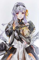 Rule 34 | 1girl, armor, bandaged head, bandages, black gloves, bodysuit, breasts, cleavage, colored pencil (medium), fingerless gloves, full body, gloves, goddess of victory: nikke, grey hair, hair ribbon, hairband, highres, large breasts, lips, long hair, looking at viewer, mecha musume, michikusa choco, modernia (nikke), red eyes, ribbon, see-through, see-through cleavage, shoulder armor, skin tight, smile, solo, traditional media, white hairband, yellow ribbon