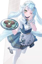 Rule 34 | 1girl, absurdres, alternate costume, apron, aqua bow, aqua eyes, aqua hair, back bow, black footwear, blue choker, blue ribbon, blue skirt, bow, choker, closed mouth, commentary request, dazhong (g.marika), enmaided, faruzan (cafe) (genshin impact), faruzan (genshin impact), food, frills, genshin impact, hair ornament, hand up, highres, holding, holding plate, index finger raised, knee up, long hair, looking at viewer, maid, maid apron, maid headdress, mary janes, official alternate costume, one eye closed, plate, puffy short sleeves, puffy sleeves, ribbon, shoes, short sleeves, skirt, smile, solo, symbol-shaped pupils, thighhighs, triangle-shaped pupils, twintails, white thighhighs, white wrist cuffs, wrist cuffs, x hair ornament, zettai ryouiki