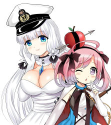 Rule 34 | 2girls, absurdres, ahoge, azur lane, blue eyes, blush, breasts, cleavage, dress, elbow gloves, gloves, hair bun, hair ribbon, hairband, hat, highres, illustrious (azur lane), large breasts, long hair, looking at viewer, low twintails, military hat, mole, mole under eye, multiple girls, one eye closed, pink hair, purple eyes, ribbon, saratoga (azur lane), single side bun, smile, twintails, two side up, white dress, white gloves, white hair, y.ssanoha