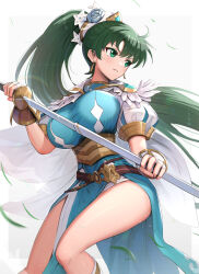 Rule 34 | 1girl, absurdres, blue flower, breasts, cape, commentary request, earrings, fingerless gloves, fire emblem, fire emblem: the blazing blade, fire emblem heroes, flower, gloves, gold trim, gonzarez, green eyes, green hair, highres, holding, holding sword, holding weapon, jewelry, large breasts, long hair, lyn (fire emblem), lyn (resplendent) (fire emblem), nintendo, official alternate costume, parted lips, pelvic curtain, ponytail, solo, sword, teeth, thighs, very long hair, weapon, white background, white cape, white gloves