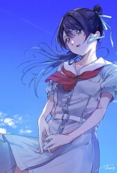 Rule 34 | 1girl, blue eyes, blue hair, blue ribbon, blue sky, breasts, collarbone, commentary request, cowboy shot, dark blue hair, dress, hair ribbon, hasu no sora school uniform, high ponytail, highres, interlocked fingers, kuziaaizuk, link! like! love live!, long hair, looking ahead, love live!, medium dress, mole, mole on neck, murano sayaka, neckerchief, open mouth, own hands together, pleated dress, red neckerchief, ribbon, sailor collar, sailor dress, school uniform, short sleeves, signature, sky, small breasts, smile, solo, summer uniform, sweat, twitter username, v arms, virtual youtuber, white dress, white sailor collar