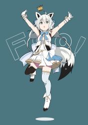 Rule 34 | 1girl, absurdres, ahoge, aqua eyes, armpits, arms up, asymmetrical legwear, black thighhighs, blue background, blue bow, blue bowtie, blue thighhighs, blush, boots, bow, bowtie, braid, breasts, commentary, crown, donkoni, ear piercing, english text, fox tail, full body, gloves, hair between eyes, highres, hololive, idol, jumping, long hair, mini crown, miniskirt, mismatched legwear, official alternate costume, open mouth, outstretched arms, pentagram, piercing, pleated skirt, shirakami fubuki, shirt, side braid, silver hair, simple background, skirt, sleeveless, sleeveless shirt, small breasts, solo, striped, striped bow, tail, thighhighs, twin braids, twintails, vest, virtual youtuber, white bow, white footwear, white gloves, white shirt, white skirt, white vest, wrist cuffs, zettai ryouiki