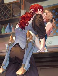 Rule 34 | 1boy, 1girl, alcohol, artist name, asterrales, barrel, blonde hair, brown pants, closed eyes, commentary, counter, diluc (genshin impact), english commentary, facing another, genshin impact, hand on another&#039;s thigh, hetero, highres, indoors, jean (genshin impact), kiss, long hair, on counter, pants, plate, plate stack, ponytail, red hair, white pants, window