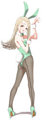 Rule 34 | 1girl, alternate costume, animal ear hairband, animal ears, ass, black pantyhose, bow, bowtie, commentary request, detached collar, fake animal ears, fake tail, fingernails, fishnet pantyhose, fishnets, full body, gakuen idolmaster, green bow, green bowtie, green footwear, green leotard, hairband, hands up, high heels, highres, idolmaster, leotard, light brown hair, long hair, looking at viewer, looking to the side, orange eyes, oversized breast cup, pantyhose, pettan p, playboy bunny, rabbit ear hairband, rabbit ears, rabbit tail, shinosawa hiro, simple background, smile, solo, strapless, strapless leotard, tail, very long hair, white background, wrist cuffs