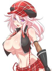 Rule 34 | 10s, 1girl, alisa ilinichina amiella, areola slip, blush, breasts, female focus, gloves, god eater, hand on own chest, hat, konno tohiro, large breasts, long hair, naughty face, no legwear, pink hair, purple eyes, simple background, skirt, smile, solo, suspender skirt, suspenders, white hair