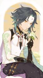 Rule 34 | 1boy, arm tattoo, bead necklace, beads, black hair, facial mark, flower, forehead mark, genshin impact, gloves, green hair, highres, holding, holding flower, jewelry, male focus, multicolored hair, necklace, necktie, parted lips, signature, simple background, sitting, solo, tamamura (tmmr5), tassel, tattoo, white flower, xiao (genshin impact), yellow eyes
