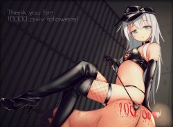 Rule 34 | 1boy, 1girl, bdsm, black footwear, black gloves, black headwear, black panties, blue eyes, blue hair, blush, boots, breasts, candle, clothed female nude male, commentary request, crossed legs, dominatrix, elbow gloves, english text, femdom, fishnet thighhighs, fishnets, gloves, hibiki (kancolle), high heel boots, high heels, highres, holding, holding candle, holding whip, kantai collection, katsuten, latex, latex boots, latex gloves, latex panties, latex top, lattice, long hair, looking down, navel, nude, panties, sitting, sitting on person, small breasts, thank you, thigh boots, thighhighs, underwear, wax, whip