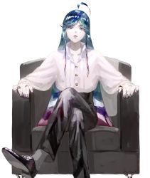 Rule 34 | 1other, ahoge, alexandrite (houseki no kuni), androgynous, black footwear, buttons, collared shirt, colored skin, couch, crossed legs, dress shirt, facing viewer, formal, ghost to human, gradient eyes, gradient hair, high collar, highres, houseki no kuni, jewelry, long hair, looking at viewer, loose clothes, loose shirt, multicolored eyes, multicolored hair, nail polish, ring, shirt, shoes, sidelocks, sitting, solo, swept bangs, white skin