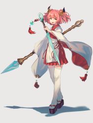 Rule 34 | 1girl, :d, blush, brown eyes, brown footwear, commentary request, fang, full body, grey background, highres, holding, holding polearm, holding spear, holding weapon, japanese clothes, kimono, long sleeves, looking at viewer, open mouth, original, peroncho, pink hair, platform clogs, platform footwear, pleated skirt, polearm, red skirt, ribbon trim, sandals, shadow, short kimono, skirt, smile, solo, spear, standing, thick eyebrows, thighhighs, two side up, weapon, white kimono, white thighhighs, wide sleeves, zouri