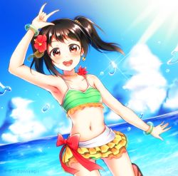 Rule 34 | 1girl, :d, arm up, artist name, bikini, bikini skirt, black hair, blue sky, bow, bracelet, cloud, collarbone, day, floating hair, flower, green bikini, hair flower, hair ornament, hibiscus, highres, jewelry, layered skirt, leg up, long hair, looking at viewer, love live!, love live! school idol festival, love live! school idol project, necklace, ocean, open mouth, outdoors, red bow, red eyes, red flower, skirt, sky, smile, solo, sparkle, standing, standing on one leg, striped bikini, striped clothes, swimsuit, transparent, twintails, yazawa nico, yellow skirt