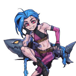 Rule 34 | 1girl, arcane: league of legends, arcane jinx, arm tattoo, asymmetrical bangs, bare shoulders, belt, blue hair, braid, breasts, brown belt, brown footwear, bullet, cloud tattoo, crop top, fingerless gloves, gloves, grey background, grin, invisible chair, jinx (league of legends), league of legends, long hair, looking at viewer, midriff, navel, pants, phantom ix row, pink eyes, pink pants, shoes, shoulder tattoo, simple background, sitting, small breasts, smile, solo, stomach, striped clothes, striped pants, tattoo, teeth, twin braids