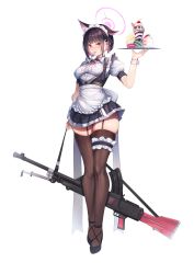 Rule 34 | 1girl, absurdres, alternate costume, animal ears, apron, bad id, bad pixiv id, black hair, blue archive, bow, breasts, bren lmg, brown thighhighs, cake, cake slice, cat ears, cherry, colored inner hair, dress, enmaided, food, fork, fruit, full body, garter straps, gun, halo, high heels, highres, holding, holding gun, holding tray, holding weapon, ice cream, kazusa (blue archive), light machine gun, looking at viewer, macaron, maid, maid apron, maid headdress, medium breasts, mouth hold, multicolored hair, mung (larnec), pink hair, puffy short sleeves, puffy sleeves, red eyes, revision, rifle, short dress, short hair, short sleeves, simple background, skindentation, solo, strap, sundae, thighhighs, thighs, tray, wafer stick, waist bow, weapon, white background, wrist cuffs, zettai ryouiki