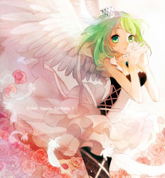 Rule 34 | 1girl, :o, angel wings, bare shoulders, black legwear, character name, collarbone, cowboy shot, cross-laced clothes, crown, dress, green gemstone, feathered wings, flower, gem, green eyes, green hair, gumi, happy birthday, head wings, highres, interlocked fingers, jewelry, layered dress, lips, matching hair/eyes, nail polish, necklace, own hands clasped, own hands together, parted lips, pendant, petals, pink nails, q-chiang, red flower, red rose, rose, rose petals, short hair, sleeveless, sleeveless dress, solo, standing, tareme, vocaloid, white dress, white wings, wings
