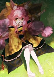 Rule 34 | 1girl, animal ear fluff, animal ears, bow, fate/samurai remnant, fate (series), fox ears, fox girl, fox tail, highres, japanese clothes, kimono, long hair, looking at viewer, mat 44 tam, open mouth, outdoors, pantyhose, pink hair, platform footwear, shade, sitting, sleeves past fingers, sleeves past wrists, smile, solo, sunlight, sword, tail, tamamo (fate), tamamo aria (fate), weapon, weapon on back, white footwear, white pantyhose, yellow bow, yellow kimono