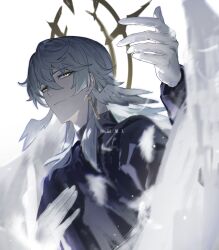 Rule 34 | 1boy, absurdres, artist name, black jacket, chen li, earrings, from side, gloves, grey hair, halo, halo behind head, hand on own chest, hand up, head wings, highres, honkai: star rail, honkai (series), jacket, jewelry, looking at viewer, male focus, medium hair, simple background, single earring, smile, solo, sunday (honkai: star rail), upper body, white background, white gloves, wings, yellow eyes