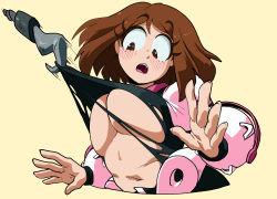 Rule 34 | 1girl, absurdres, blush, bodysuit, boku no hero academia, breasts, brown eyes, brown hair, clothes pull, commentary, cropped torso, hands up, highres, hook, inker comics, large breasts, looking down, midriff, navel, open mouth, short hair, sidelocks, simple background, solo, spread fingers, tearing clothes, torn clothes, underboob, upper body, uraraka ochako, yellow background