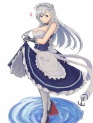 Rule 34 | 1girl, apron, azur lane, belfast (azur lane), blue eyes, braid, breasts, chain, cleavage, closed mouth, clothes lift, dress, dress lift, french braid, hair between eyes, heart, highres, large breasts, long hair, looking at viewer, maid, maid apron, maid headdress, moppo, pantyhose, ripples, silver hair, smile, solo, straight hair, waist apron, water, white apron, white background, white pantyhose