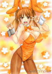 Rule 34 | 1girl, :d, animal ears, armpits, artist name, bare shoulders, blush, bow, bowtie, breasts, brown eyes, brown hair, cleavage, contrapposto, covered erect nipples, detached collar, eyebrows, fake animal ears, fingernails, floral background, groin, hairband, huge breasts, leotard, long fingernails, long hair, looking at viewer, marker (medium), open mouth, orange bow, orange bowtie, pantyhose, playboy bunny, rabbit ears, rabbit tail, round teeth, smile, solo, standing, star (symbol), strapless, strapless leotard, suzumiya haruhi no yuuutsu, tachibana kyouko (suzumiya haruhi), tail, takecha, teeth, traditional media, twintails, v over eye, v over one eye, wrist cuffs