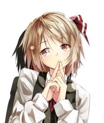 Rule 34 | 1girl, blonde hair, collared shirt, dress shirt, fingers to mouth, gorilla (bun0615), hair ribbon, head tilt, highres, index fingers raised, looking to the side, medium hair, necktie, portrait, red necktie, ribbon, rumia, shadow, shirt, short hair, simple background, solo, touhou, vest, white background, white shirt, yellow eyes