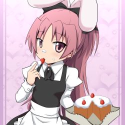 Rule 34 | 10s, 1girl, animal ears, apron, ascot, blush, bow, cake, eating, food, food on face, fruit, giving, hair bow, heart, icing, juliet sleeves, long sleeves, looking at viewer, mahou shoujo madoka magica, mahou shoujo madoka magica (anime), mai (t-5), maid, maid apron, md5 mismatch, pink eyes, pink hair, ponytail, puffy sleeves, rabbit ears, religious offering, sakura kyoko, strawberry