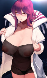 Rule 34 | 1girl, bad id, bad pixiv id, black dress, black panties, blush, breasts, cleavage, closed mouth, collarbone, commentary request, dantes ward, dress, hair between eyes, heterochromia, high collar, holding, holding clothes, holding jacket, jacket, jacket on shoulders, large areolae, large breasts, last origin, long hair, multicolored eyes, open clothes, open jacket, panties, purple hair, revealing clothes, see-through, short dress, thighs, underwear, valkyrie (last origin)