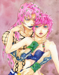 Rule 34 | arms around waist, blood, blue eyes, bra, diavolo, father and daughter, fishnets, gradient background, hand on another&#039;s neck, incest, jojo no kimyou na bouken, lipstick, lo lis, makeup, painting (medium), pink hair, pink lips, scratching, strap, tattoo, traditional media, trish una, underwear, vento aureo, watercolor (medium), wristband