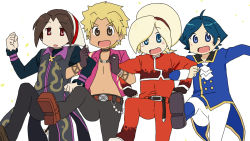 Rule 34 | 1girl, 3boys, ash crimson, blonde hair, blue eyes, blue hair, brown eyes, brown hair, chinese clothes, collar, duo lon, elisabeth blanctorche, gloves, long hair, multiple boys, nichijou, open mouth, parody, shen woo, snk, style parody, tattoo, the king of fighters, white background