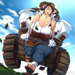 Rule 34 | 1girl, black hair, breasts, cleavage, cow girl, curvy, full body, gigantic breasts, hat, hataraki ari, highres, horns, long hair, looking at viewer, open mouth, original, plump, running, solo, sukimi, thick thighs, thighs, wide hips, yellow eyes