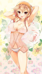 Rule 34 | 1girl, :d, arm behind head, armpits, arms up, babydoll, blonde hair, breasts, bug, cafe-chan to break time, cameltoe, commentary request, covered erect nipples, floral background, hair between eyes, hand in own hair, highres, insect, ladybug, large breasts, lingerie, looking at viewer, multicolored hair, navel, nipples, open mouth, panties, porurin (do-desho), purple hair, red eyes, resolution mismatch, see-through, side-tie panties, smile, solo, source larger, tea (cafe-chan to break time), towel, towel on head, two-tone hair, underwear, wet, white panties