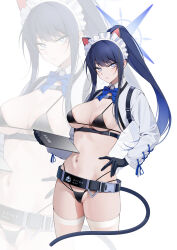 Rule 34 | 1girl, animal ears, bechu, belt, bikini, black belt, black bikini, black gloves, black hair, blue archive, blue bow, blue bowtie, blue eyes, blue halo, bow, bowtie, cat ears, cat tail, closed mouth, cropped jacket, gloves, halo, highres, jacket, long hair, long sleeves, multiple views, navel, ponytail, saori (blue archive), simple background, swimsuit, tail, thighhighs, white background, white jacket, white thighhighs, zoom layer