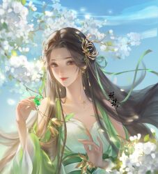 Rule 34 | 1girl, absurdres, baiguio (zhu xian), bare shoulders, bell, blue sky, braid, brown hair, butterfly ornament, closed mouth, clothing cutout, cloud, dress, falling petals, fy fu yu, green dress, highres, jewelry, long hair, necklace, petals, sash, second-party source, shoulder cutout, sky, smile, solo, upper body, zhu xian