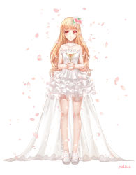 Rule 34 | 1girl, absurdres, artist name, bare shoulders, blonde hair, bride, dress, elbow gloves, flower, frilled dress, frills, full body, gloves, hair flower, hair ornament, highres, interlocked fingers, light smile, long hair, looking at viewer, original, own hands clasped, own hands together, petals, pululu, red eyes, rose, short dress, solo, strapless, strapless dress, wavy hair, wedding dress