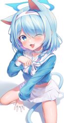 Rule 34 | 1girl, absurdres, animal ear fluff, animal ears, arona (blue archive), blue archive, blue eyes, blue hair, blue halo, blush, braid, cat ears, cat tail, choker, collarbone, extra ears, fang, fingernails, halo, highres, jiyasu, long sleeves, looking at viewer, open mouth, sailor collar, short hair, simple background, single braid, skirt, solo, tail, white background, white choker, white sailor collar, white skirt