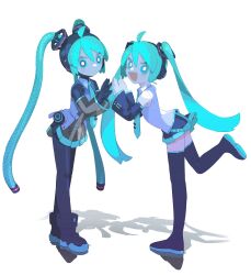 Rule 34 | 2girls, absurdres, ahoge, alternate costume, android, aqua eyes, aqua hair, aqua necktie, bare shoulders, black sleeves, black thighhighs, bright pupils, cable hair, cheri zao, commentary, detached sleeves, dual persona, expressionless, fang, full body, glowing, glowing eyes, hatsune miku, highres, joints, long hair, looking at viewer, mechanical parts, miku day, miniskirt, multiple girls, necktie, number tattoo, open mouth, robot girl, robot joints, see-through, see-through skirt, see-through sleeves, shirt, simple background, skin fang, skirt, sleeveless, sleeveless shirt, smile, standing, tattoo, thighhighs, very long hair, vocaloid, white background, white pupils