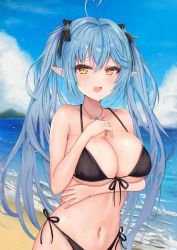 Rule 34 | 1girl, absurdres, ahoge, arm under breasts, bikini, black bikini, black bow, black ribbon, blue hair, blue sky, bow, breast suppress, breasts, cleavage, cloud, cloudy sky, day, front-tie top, hair between eyes, hair bow, hair ribbon, halterneck, heart, heart ahoge, highres, hololive, ice crystal, jewelry, large breasts, looking at viewer, mito soosu, multicolored hair, navel, necklace, ocean, open mouth, outdoors, pointy ears, raised eyebrows, ribbon, sand, side-tie bikini bottom, sidelocks, sky, solo, standing, stomach, streaked hair, swimsuit, twintails, virtual youtuber, water, wet, yellow eyes, yukihana lamy