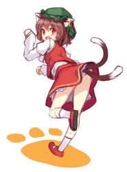 Rule 34 | 1girl, animal ears, blush, brown hair, cat ears, cat girl, cat tail, chen, earrings, female focus, hat, jewelry, looking back, minamura haruki, multiple tails, open mouth, paw pose, red eyes, short hair, sketch, skirt, smile, solo, tail, touhou