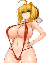 Rule 34 | 1girl, ahoge, armpits, blonde hair, breasts, fate/extra, fate/grand order, fate (series), flower, flower on head, flower wreath, green eyes, hair intakes, hands on own hips, highres, large breasts, navel, nero claudius (fate), nero claudius (fate) (all), nero claudius (fate/extra), ribbon, shiny skin, slingshot swimsuit, smile, steamingtofu, swimsuit, white background, white ribbon