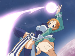 Rule 34 | 1girl, arm up, ascot, belt, blue eyes, blue thighhighs, blush stickers, boots, bow, breasts, disgaea, dutch angle, earrings, fighting stance, flying, foreshortening, glowing, green shirt, impossible clothes, impossible shirt, jewelry, large breasts, leg lift, loincloth, looking at viewer, looking back, magic, magic knight (disgaea), makai senki disgaea 2, naughty face, orange hair, parted bangs, planet, pointy ears, profile, shirt, short hair, skirt, sky, smile, solo, space, star (sky), starry sky, striped, tabard, thighhighs, wristband, zettai ryouiki