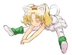 Rule 34 | 1girl, animal ears, bad id, bad pixiv id, blonde hair, blush, cat ears, cat tail, closed eyes, flexible, frown, full body, highres, jewelpet (series), jewelpet twinkle, leg warmers, miria marigold mackenzie, nyama, pantyhose, shoes, sketch, solo, stretching, tail, twintails
