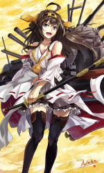 Rule 34 | 10s, 1girl, :d, absurdres, ahoge, aiguillette, artist name, black thighhighs, breasts, brown hair, cleavage, detached sleeves, frilled skirt, frills, grey eyes, hairband, headgear, highres, japanese clothes, kantai collection, katana, kongou (kancolle), neko (yanshoujie), open mouth, personification, ribbon-trimmed sleeves, ribbon trim, skirt, smile, solo, sword, thighhighs, weapon, wide sleeves