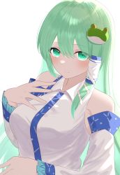 Rule 34 | 1girl, absurdres, anima miko, bare shoulders, blush, breasts, detached sleeves, frog hair ornament, green eyes, grey hair, hair ornament, hair tubes, hand on own chest, hand up, highres, kochiya sanae, long hair, looking at viewer, medium breasts, nontraditional miko, shirt, simple background, smile, snake hair ornament, solo, touhou, upper body, very long hair, white shirt