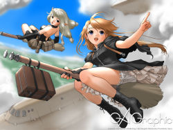 Rule 34 | 2girls, aircraft, airplane, bare shoulders, bloomers, blue eyes, boots, broom, broom riding, brown eyes, brown hair, cloud, day, dress, flying, gagraphic, long hair, luggage, multiple girls, non-web source, pointy ears, riding, sano toshihide, sidesaddle, sky, suitcase, underwear, white hair