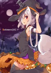 Rule 34 | 1girl, 2017, adyisu, albino, altair floone, animal ears, bandages, bandage over one eye, bandaged arm, black footwear, boots, breasts, cloud, cross, fang, from side, full moon, graveyard, halloween, hand on headwear, hat, jack-o&#039;-lantern, kemonomimi mode, leg up, looking at viewer, medium breasts, moon, night, night sky, open mouth, original, outdoors, pumpkin, red eyes, screw, short hair, skirt, sky, sleeveless, solo, stitches, tail, thigh boots, thighhighs, twitter username, white hair, witch hat