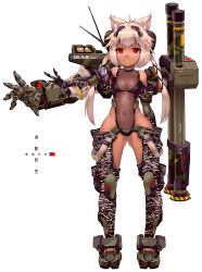 Rule 34 | 1girl, ahoge, animal ear fluff, animal ears, bare shoulders, black leotard, breasts, camouflage, camouflage legwear, camouflage pants, chinese commentary, chinese text, cleavage, clothing cutout, commentary request, covered navel, crotchless, crotchless pants, dark-skinned female, dark skin, elbow gloves, exoskeleton, fang zhenjun, fantasy, full body, gloves, gluteal fold, headphones, leotard, long hair, looking at viewer, mechanical arms, medium breasts, military, navel, open mouth, original, pants, red eyes, republic of china flag, rocket launcher, see-through, see-through leotard, sidelocks, simple background, soldier, solo, standing, tactical clothes, thigh cutout, translation request, twintails, weapon, white background, white hair, wide hips