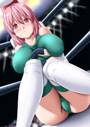 Rule 34 | 1girl, alternate costume, arms under breasts, bare shoulders, blush, breasts, collarbone, commentary request, commission, frown, hair between eyes, highres, knees together feet apart, large breasts, looking at viewer, medium hair, nori tamago, pink hair, red eyes, saigyouji yuyuko, sitting, skeb commission, solo, thighhighs, touhou, wrestling outfit, wrestling ring, wrist guards