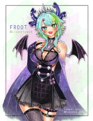 Rule 34 | 1girl, apricot the lich, apricot the lich (1st costume), blue hair, breasts, cleavage, cleavage cutout, clothing cutout, demon wings, fang, fhenris, green eyes, green hair, horns, jewelry, large breasts, looking at viewer, multicolored hair, multiple horns, open mouth, painting (medium), pointy ears, skin fang, solo, thighhighs, traditional media, virtual youtuber, vshojo, watercolor (medium), wings