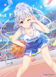 Rule 34 | ange vierge, blouse, blue skirt, blue sky, breasts, cheerleader, circle skirt, code omega 00 euphiria, confetti, crowd, day, floodlights, hair ornament, hand on own hip, large breasts, leaning forward, legs apart, midorinocha, official art, one eye closed, outdoors, parted lips, pom pom (cheerleading), purple eyes, running track, shirt, skirt, sky, sleeveless, sleeveless shirt, smile, solo, solo focus, stadium, standing, string of flags, white hair